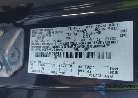 2015 Ford Escape S z USA, uszkodzony, nr VIN 1FMCU0F70FUB10193